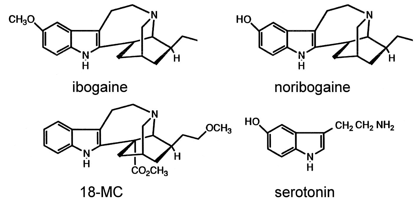 The chemical structures of ibogaine, noribogaine, and 18-MC.