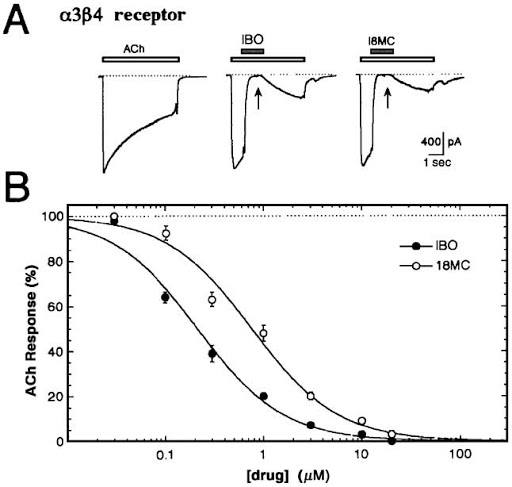 Graph showing that 18-MC and ibogaine affect the same receptor type.