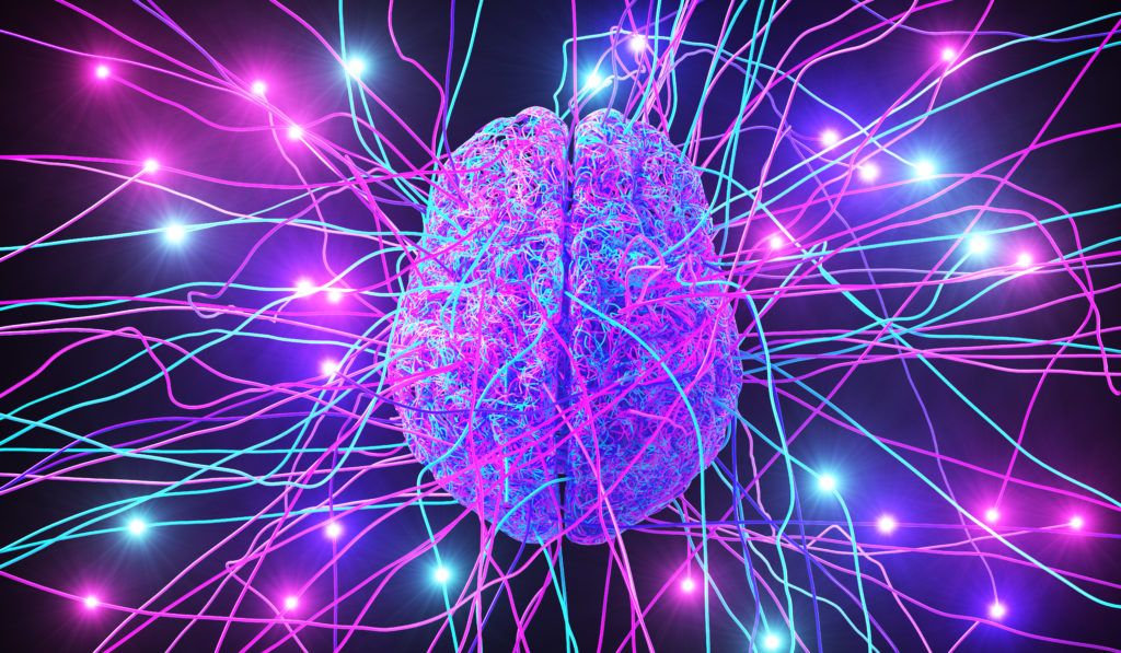 3D Illustration of Human Brain Consisting Of Colored Wires Surrounded By Neural Threads.