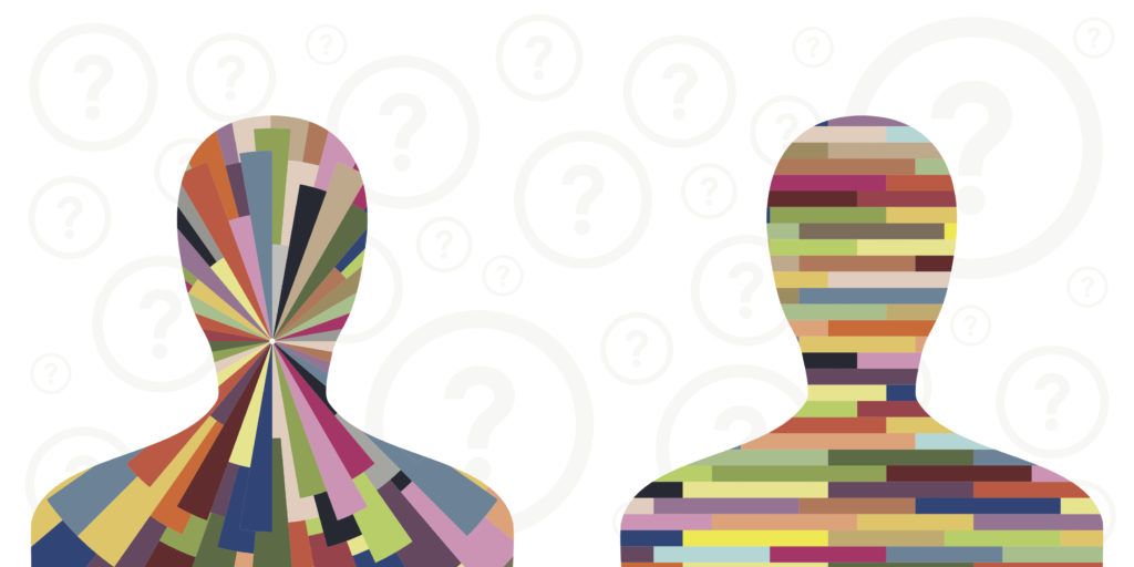 Vector illustration of personal type with two silhouettes with horizontal and concentric coloured lines inside them, on a white background filled with question marks.