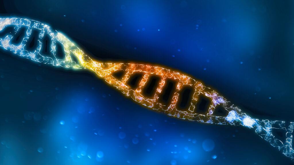 3D rendering of a rainbow coloured double-stranded DNA helix on a blue background.