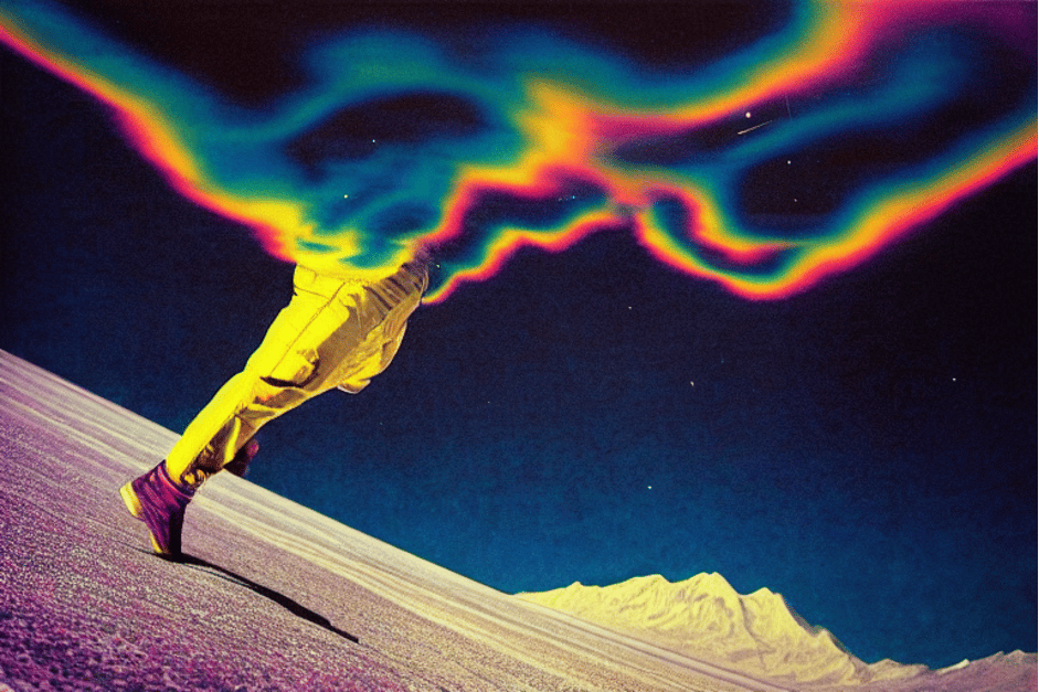 Two legs attached to an absent torso in the middle of rainbow clouds, being lifted off the ground, with white mountains in the background.