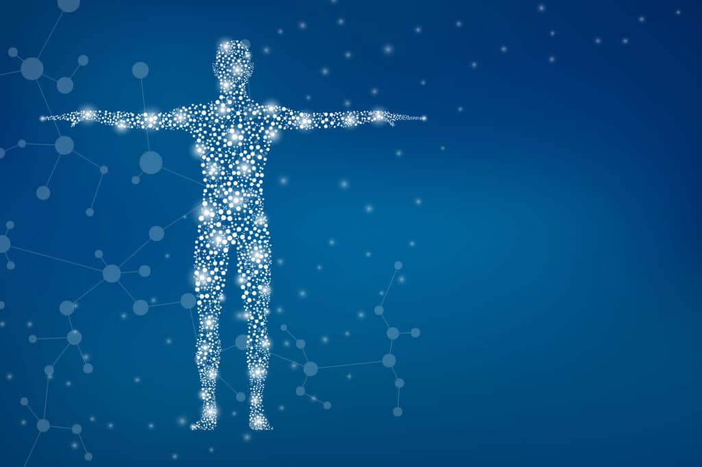 Abstract human body made up of interconnected circles and lines in white, on a blue background.